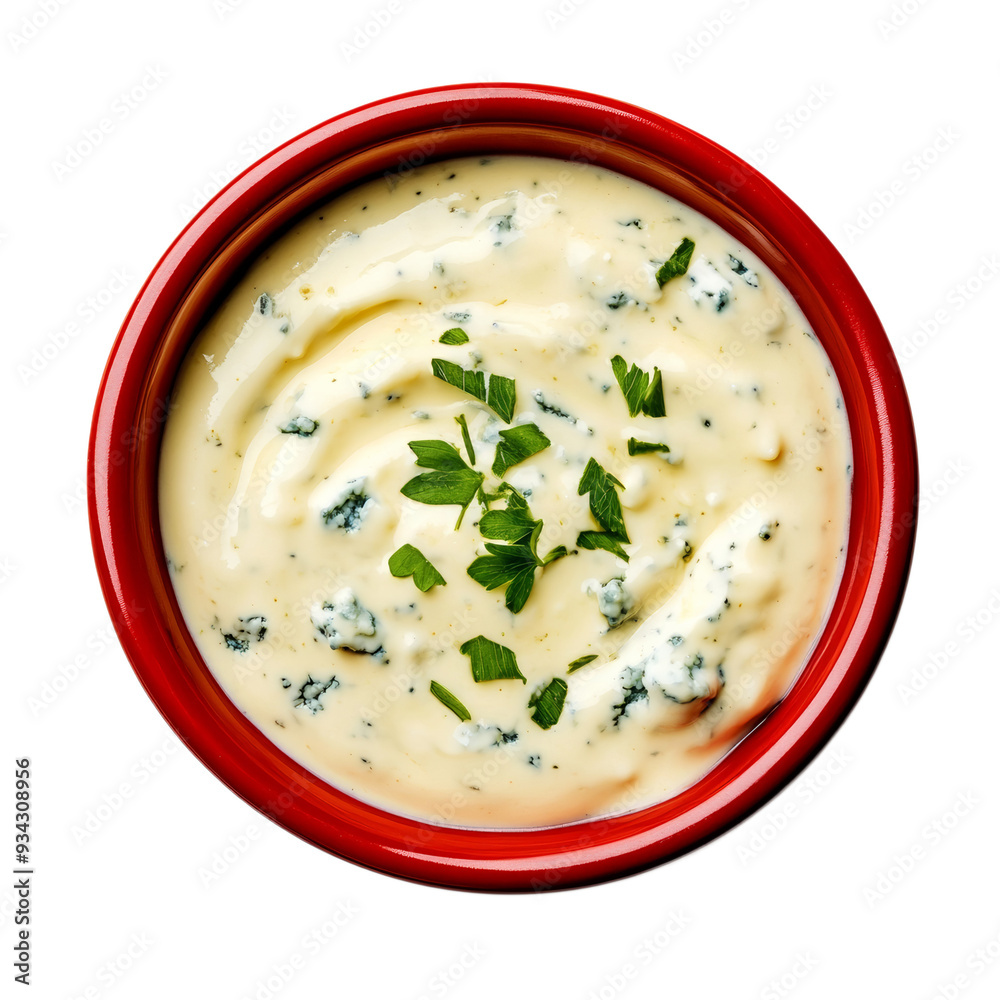 Creamy blue cheese sauce in a bold crimson bowl top view isolated on transparent background Creamy blue cheese sauce in a bold crimson bowl top view isolated on transparent background