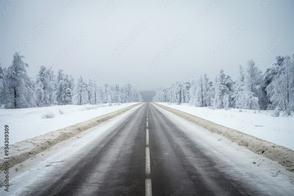 Straight road covered with snow and ice at winter