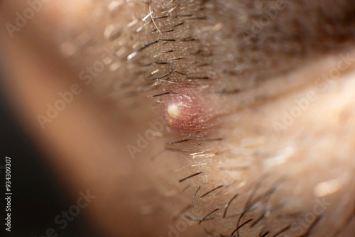 White pimple in Caucasian men neck. Close super macro photo