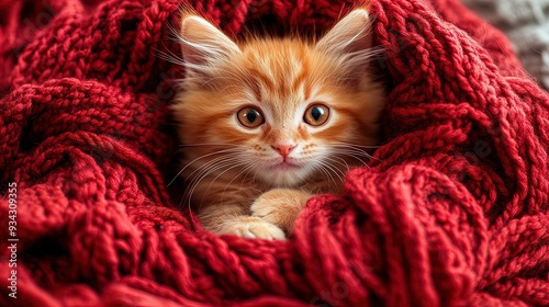 Cozy Charm: Fluffy Orange Kitten Nestled in Vibrant Red Yarn - Perfect Poster for Adding Warmth and Whimsy to Your Home Decor!