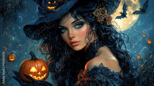 Beautiful witch with glowing pumpkin on Halloween night