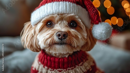 Funny Cockapoo Dog with Santa Hat on Festive Christmas Background	