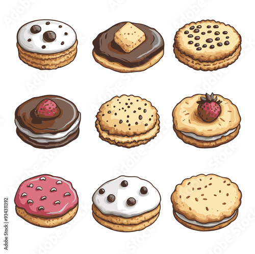 set of cookies with variant toppings cartoon illustration, generative ai