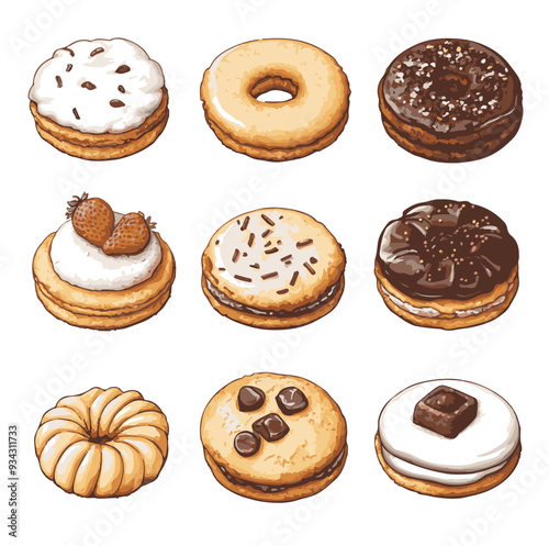 set of cookies with variant toppings cartoon illustration, generative ai