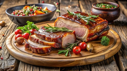 Tender slices of caramelized aged pork belly, garnished with fresh thyme and rosemary, served on a rustic wooden platter with a side of roasted vegetables. photo