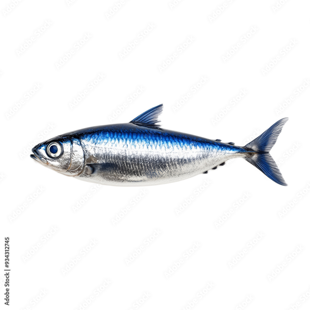 Fototapeta premium Shimmering sardine fish with metallic silver and blue hues isolated on transparent background