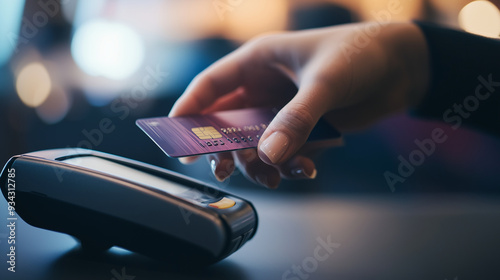 Contactless Payment Close-Up of Hand Holding Credit Card Over POS Terminal