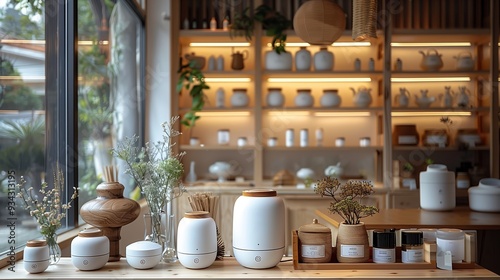 Elegant Display of Aromatherapy Diffusers and Natural Products Inside a Tranquil Wellness Shop