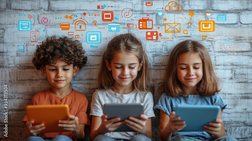 Obraz na płótnie Children participating in a digital literacy game that teaches them about the importance of secure browsing, with each level representing a different online safety concept. w salonie