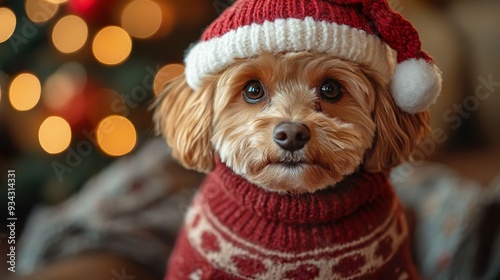 Funny Cockapoo Dog with Santa Hat on Festive Christmas Background	