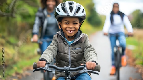 A young boy wearing a helmet smiles as he rides his bicycle down a paved path, his parents cycle behind him.