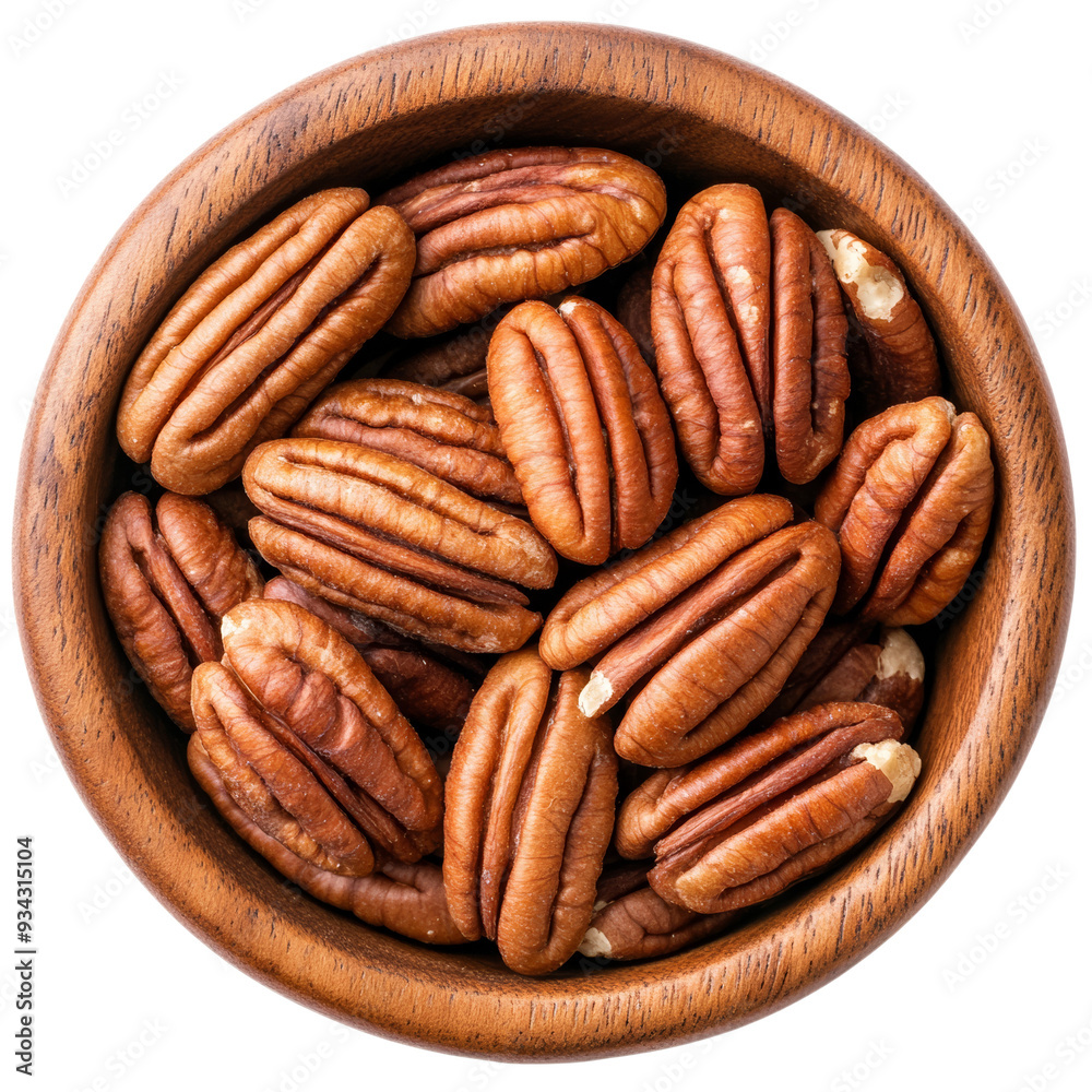 Top view pecans neatly arranged in wooden bowl isolated on transparent background Top view pecans neatly arranged in wooden bowl isolated on transparent background