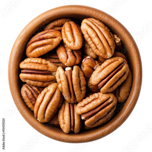 Top view pecans neatly arranged in wooden bowl isolated on transparent background  photo