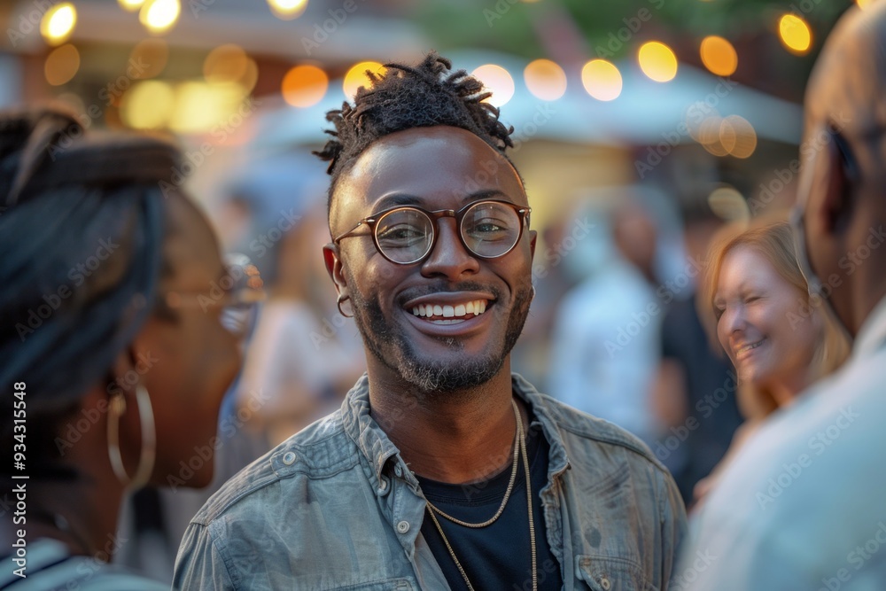 African American man smiling at an event, standing in the middle with other people talking to each other around him. African American man smiling at an event, standing in the middle with other people talking to each other around him.