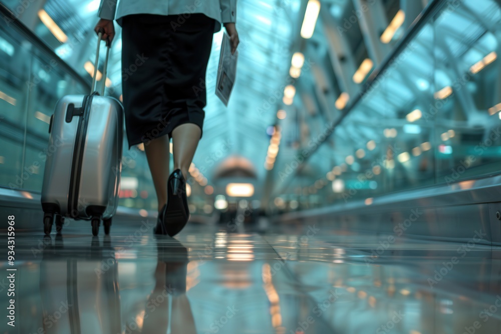 Fototapeta premium A flight attendant strolls through an airport terminal, pulling a suitcase and carrying travel documents as travelers bustle around. Generative AI