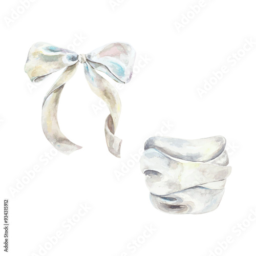 Bow watercolor. White ribbon for decorating a bouquet of flowers. Hand drawn vector illustration. For designing greeting cards, wedding invitations, large holiday banners and posters.