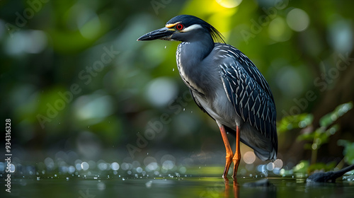 Amazon Black-crowned Night Heron standing in shallow water, its distinctive plumage and long legs visible photo