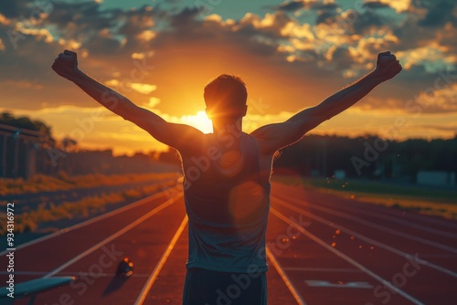 triumphant athlete, arms raised, silhouetted against a setting sun on a track field the glory of victory concept.