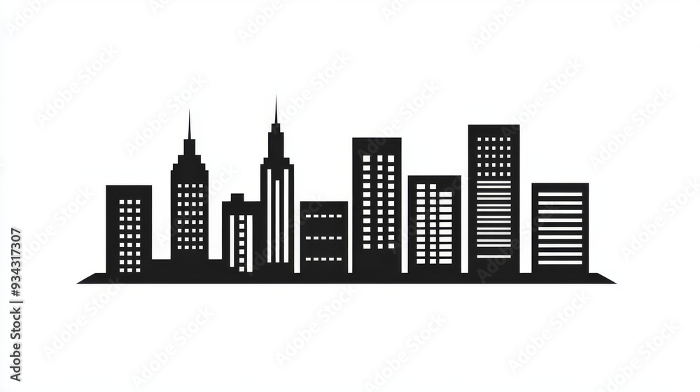 Obraz premium A cityscape vector icon in black silhouette, set against a white backdrop for a minimalist effect