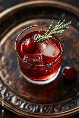Wallpaper Mural Refreshing cherry cocktail served over ice with rosemary garnish on an ornate tray Torontodigital.ca