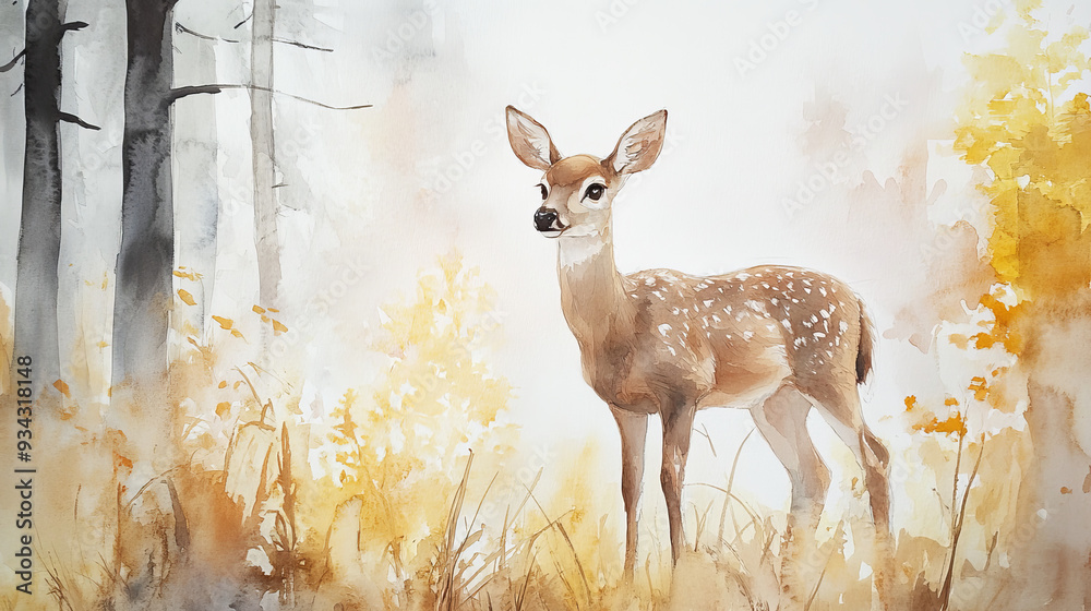 A delicate watercolor painting of a deer in a forest, set against a white background. A delicate watercolor painting of a deer in a forest, set against a white background.