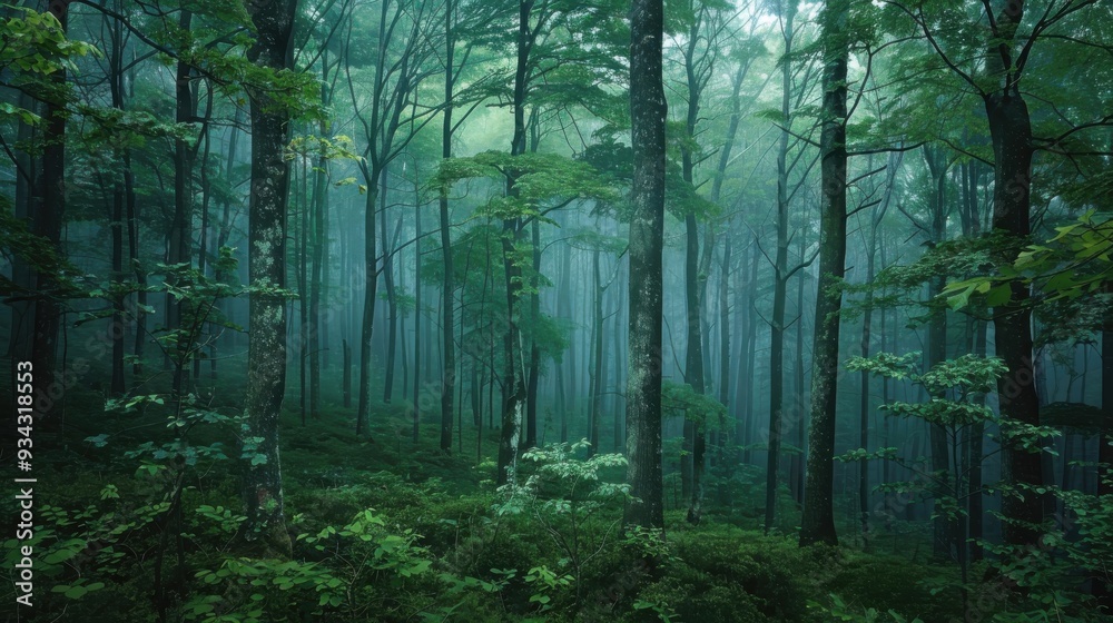 Obraz premium Misty Green Forest Dense Trees and Soft Light Create a Serene Landscape Perfect for Wallpaper