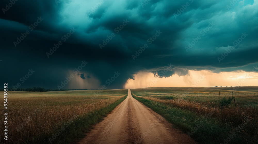 A dirt road cutting through a field with a looming thunderstorm in the distance, adding drama to the scene. A dirt road cutting through a field with a looming thunderstorm in the distance, adding drama to the scene.