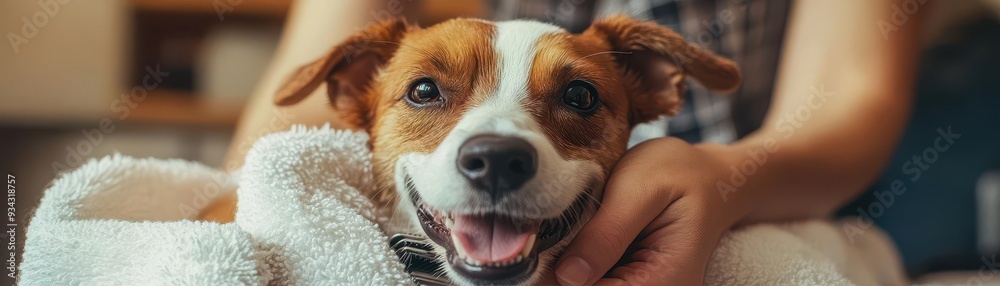 Pet care with a person grooming their dog, brushes, and towels ready, with a happy pet, Caring, Warm, Detailed Pet care with a person grooming their dog, brushes, and towels ready, with a happy pet, Caring, Warm, Detailed