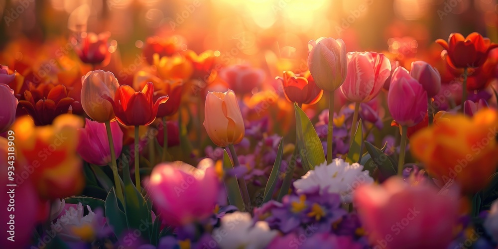 A colorful display of tulips and various flowers creating a lively burst of hues A colorful display of tulips and various flowers creating a lively burst of hues