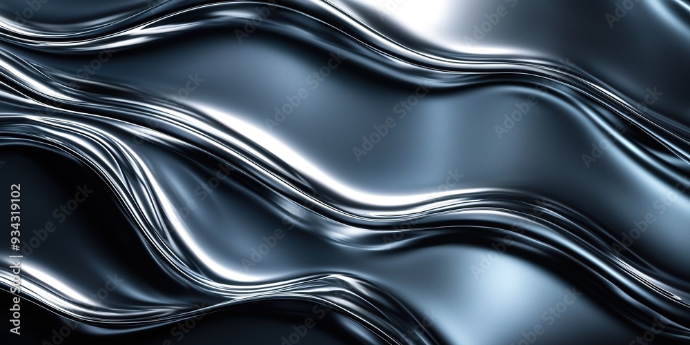 Obraz premium Abstract metallic waves, shiny chrome curved lines background texture, futuristic pattern, 3D render