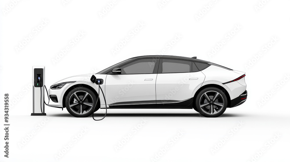 Fototapeta premium A hybrid electric vehicle plugged into a charging station, isolated on a crisp white background. 
