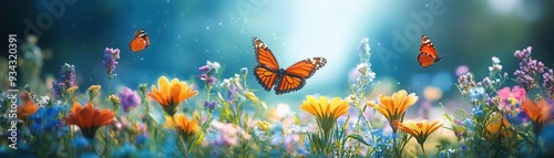 Wildflower meadow with vibrant blooms, butterflies fluttering, and a soft breeze, Serene, Bright, Detailed