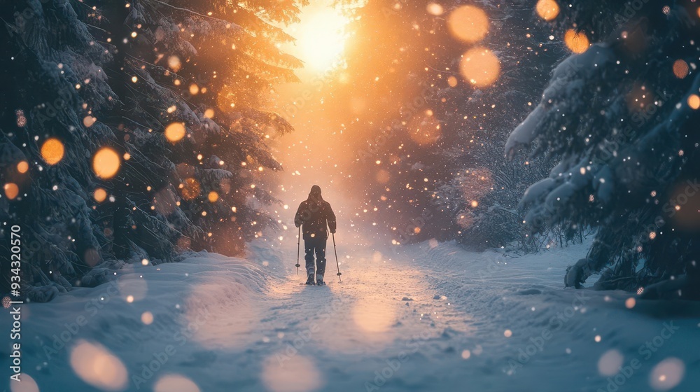 Winter wonderland with a person snowshoeing through a quiet forest, snow falling gently, Serene, Cool Tones, Atmospheric Winter wonderland with a person snowshoeing through a quiet forest, snow falling gently, Serene, Cool Tones, Atmospheric