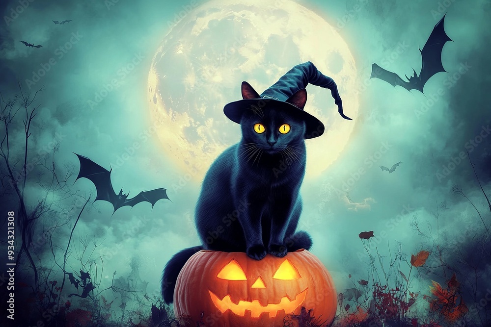 A cat dressed in a Halloween costume, with playful and spooky elements. Perfect for themes of Halloween, pets, and festive fun A cat dressed in a Halloween costume, with playful and spooky elements. Perfect for themes of Halloween, pets, and festive fun