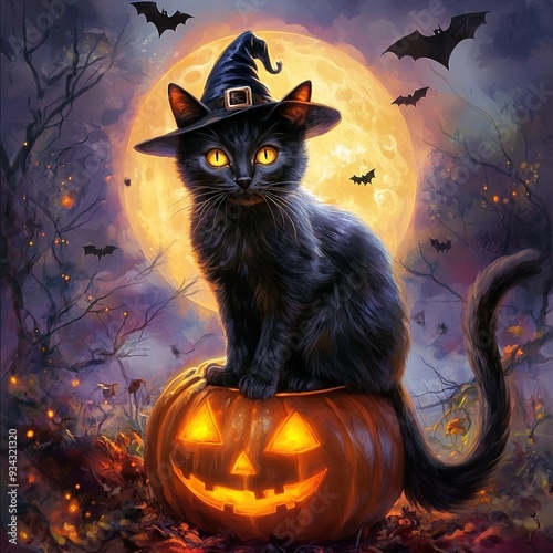 A cat dressed in a Halloween costume, with playful and spooky elements. Perfect for themes of Halloween, pets, and festive fun photo