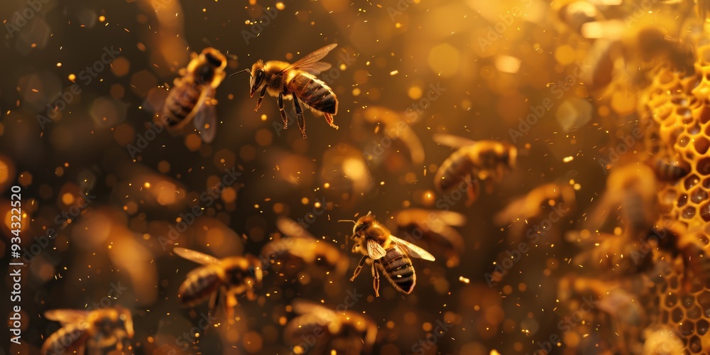 Shallow depth of field emphasizing swarm of bees collaborating inside hive to produce honeycomb Shallow depth of field emphasizing swarm of bees collaborating inside hive to produce honeycomb