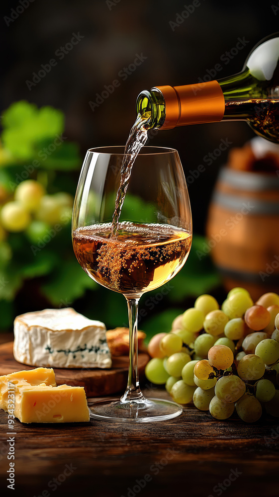 Obraz premium Close up of wine being poured into a glass with cheese and grapes