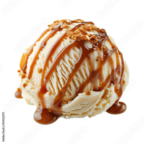 Creamy Delicious Vanilla Ice Cream Scoop with Caramel Sauce