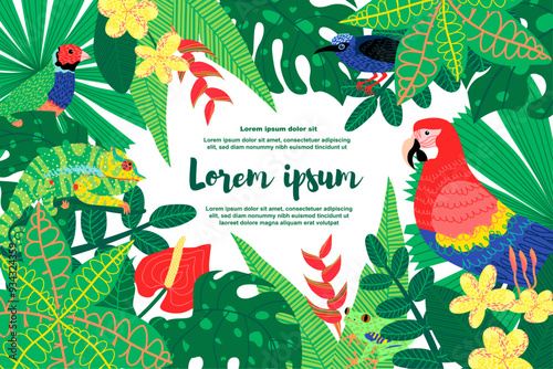 Illustration of a botanical background featuring tropical animals and various tropical leaves and flowers, with a text placeholder. Ideal for social media posts, mobile apps, banner design, and web