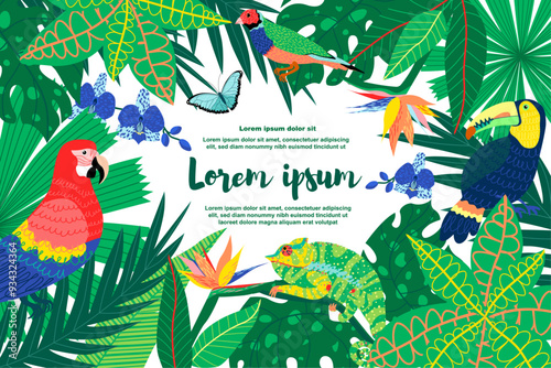 Illustration of a botanical background featuring tropical animals and various tropical leaves and flowers, with a text placeholder. Ideal for social media posts, mobile apps, banner design, and web