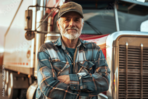 A man in a blue plaid shirt is smiling and posing in front of a semi truck