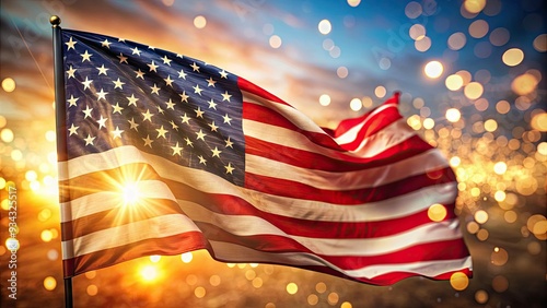 Vibrant American flag overlay on a blurred background, symbolizing patriotism and national pride, perfect for Independence Day, Memorial Day, or Fourth of July celebrations. photo