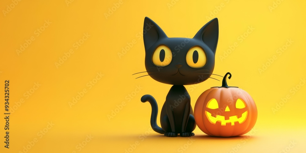 A cute black cat sits beside a carved pumpkin on a bright yellow background during Halloween festivities A cute black cat sits beside a carved pumpkin on a bright yellow background during Halloween festivities