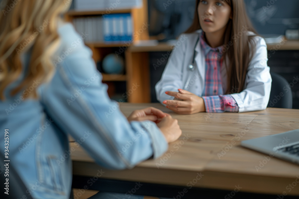 A woman in a white coat is talking to another woman in a blue jacket A woman in a white coat is talking to another woman in a blue jacket