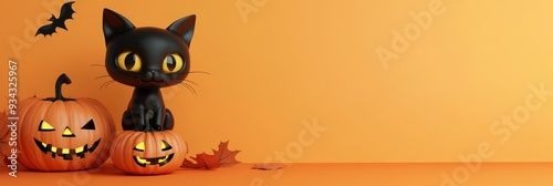 Black cat figurine sitting on pumpkins with autumn leaves against a bright orange background for Halloween decoration