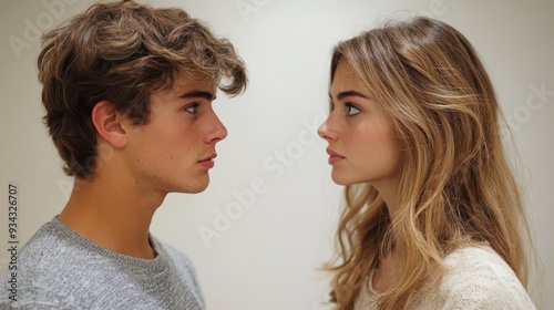 Young Couple Engaged in a Tense Argument Facing Each Other Against White Background - Studio Stock Photo with Controlled Lighting

 photo