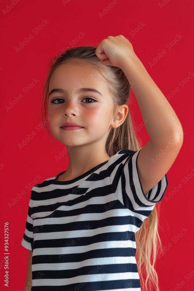 Young girl with ponytail raising her fist against a bright red background Young girl with ponytail raising her fist against a bright red background
