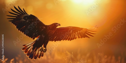Golden eagle soaring with outstretched wings at sunrise