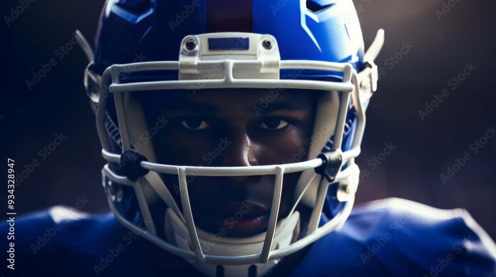 Intense american football player in blue uniform and helmet on stadium background Intense american football player in blue uniform and helmet on stadium background