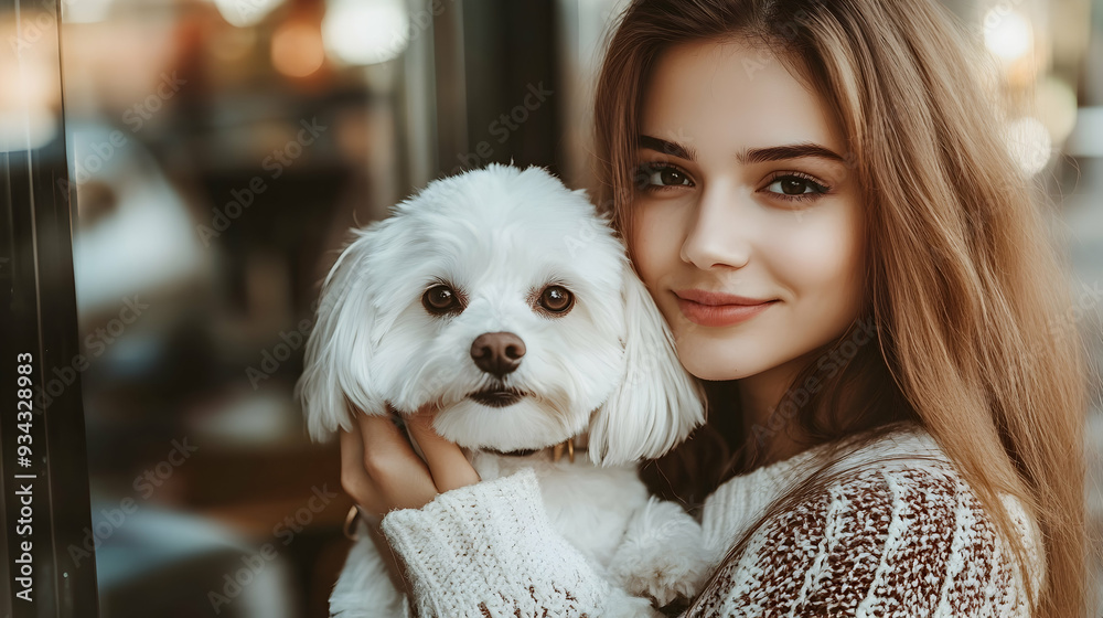 Portrait of beautiful young woman holding her dog in hands. Cute white dog in arms of loving owner. With dog in coffe shop. Portrait of beautiful young woman holding her dog in hands. Cute white dog in arms of loving owner. With dog in coffe shop.
